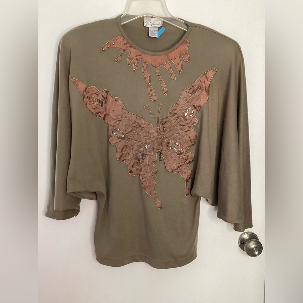 Vintage Taupe Embellished Butterfly Dolman Style Long Sleeve Top M/L